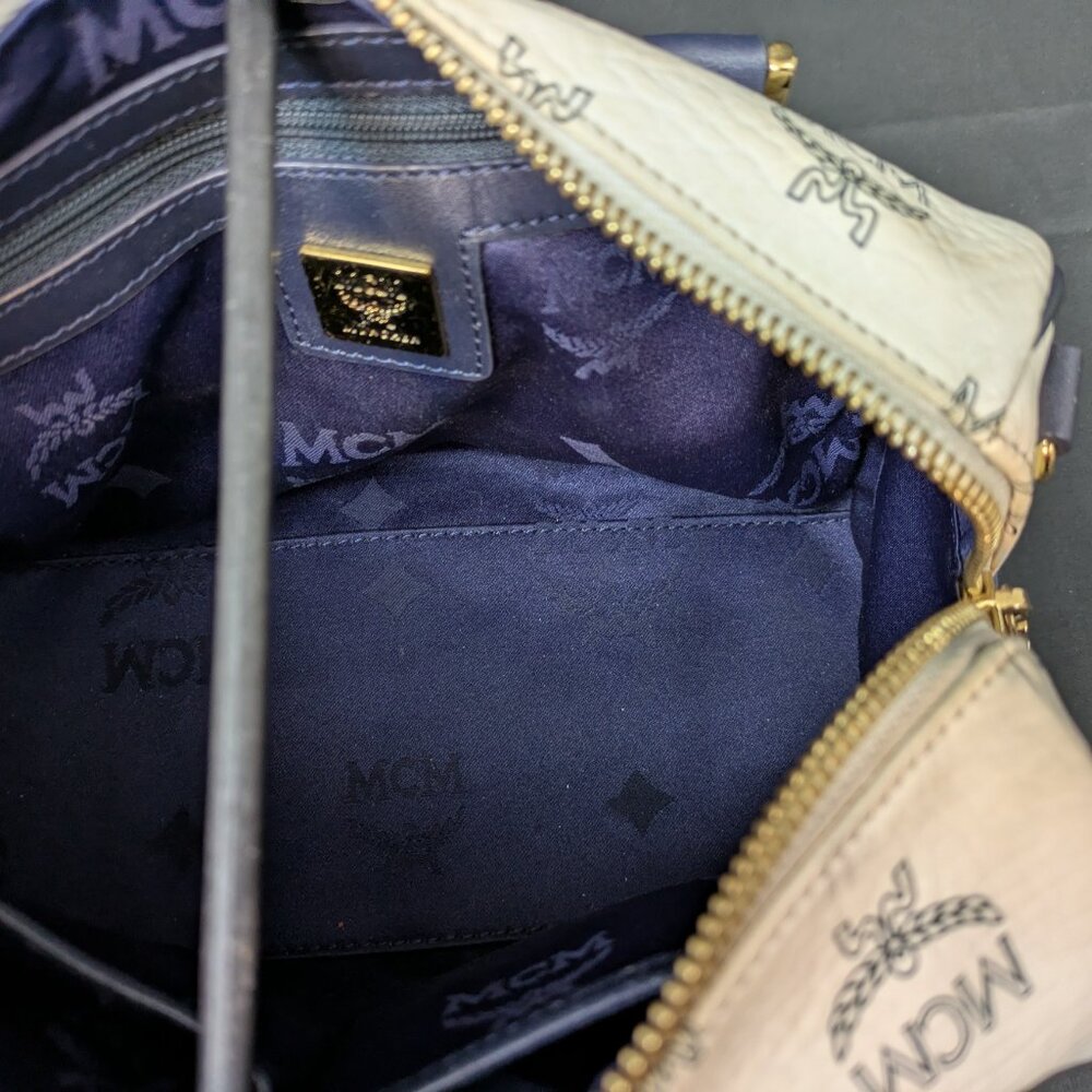 MCM Navy Blue and White Monogram Rare Boston Mini Top Handle Bag - Picture 7 of 14